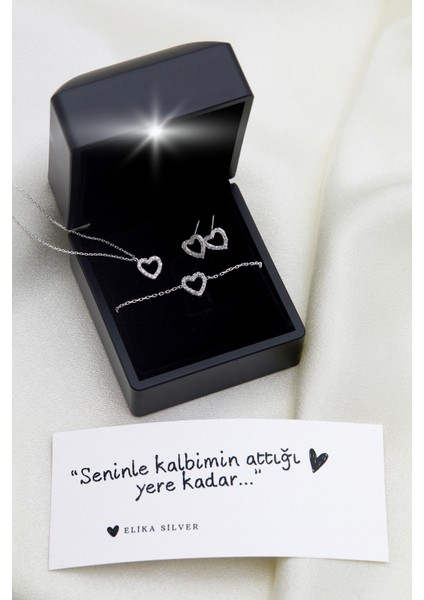 Işıklı Kutuda Kalp Model 925 Ayar Gümüş Set
