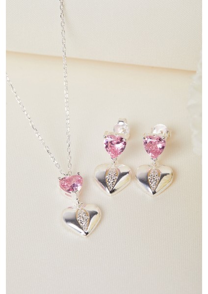 925 Ayar Gümüş Sallantılı Kalp Kolye ve Küpe Set