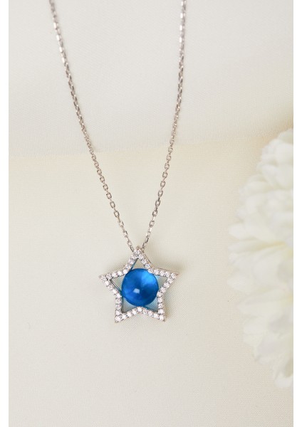 925 Ayar Gümüş Mavi Taşlı Yıldız Kolye