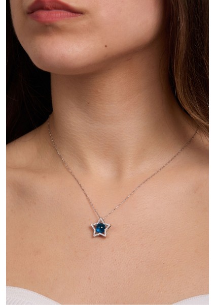 925 Ayar Gümüş Mavi Taşlı Yıldız Kolye modelleri