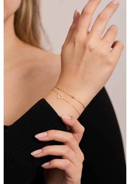 925 Ayar Gümüş Top Zincir - Kalp Ikili Bileklik Set