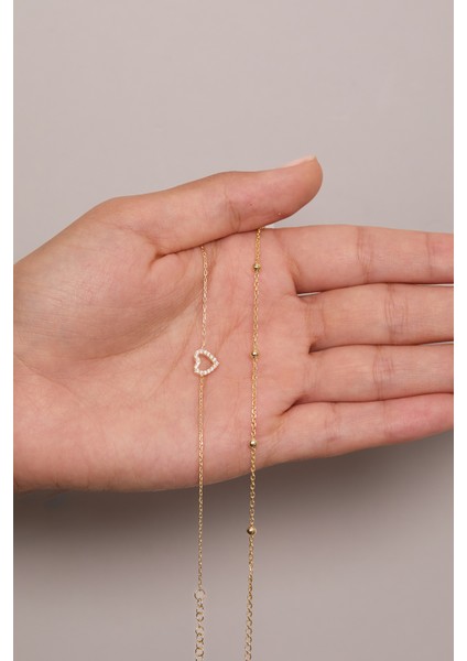 925 Ayar Gümüş Top Zincir - Kalp Ikili Bileklik Set modelleri