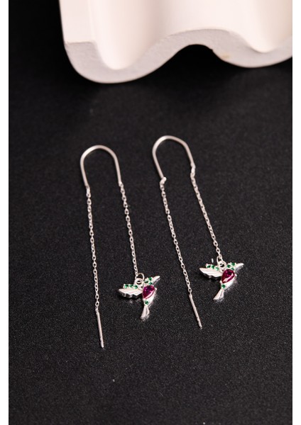 925 Ayar Gümüş Ruby Kuş Model Sallantılı Küpe