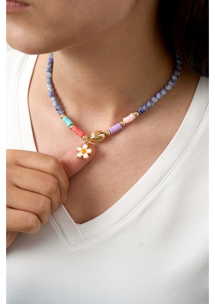 Kadın Papatya Detaylı Renkli Taşlı Kolye