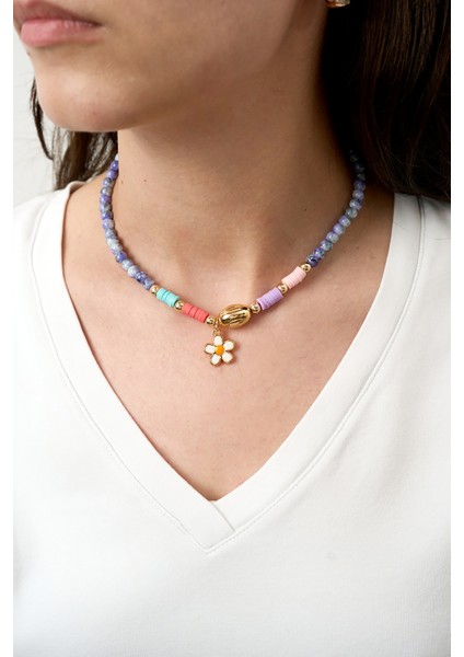 Kadın Papatya Detaylı Renkli Taşlı Kolye fiyatları