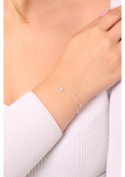 925 Ayar Gümüş Kalp ve Singapur Zincir Bileklik Set ELKSET80098