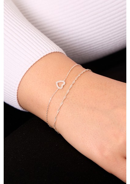 925 Ayar Gümüş Kalp ve Singapur Zincir Bileklik Set ELKSET80098 fırsatları