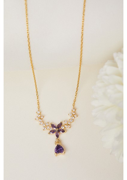 925 Ayar Gümüş Mor Taşlı Prenses Model Tasarım Kolye