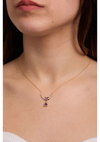 925 Ayar Gümüş Mor Taşlı Prenses Model Tasarım Kolye modelleri