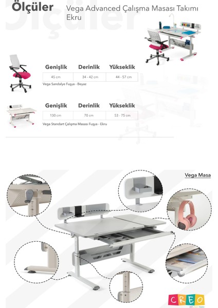 Yükseklik ve Eğim Ayarlı, Vega Advanced Bilgisayar ve Çalışma Masası Takımı Ekru