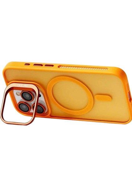 Takeandwait Apple iPhone 15 Pro Kılıf Magsafe Şarj Özellikli Standlı Protective Kapak – Lens Koruma Hediyeli-Turuncu