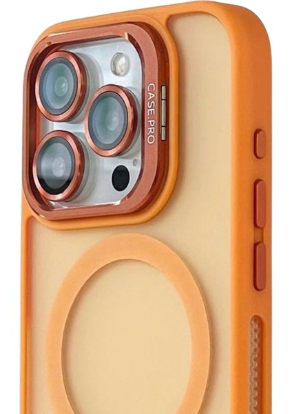 Takeandwait Apple iPhone 15 Pro Kılıf Magsafe Şarj Özellikli Standlı Protective Kapak – Lens Koruma Hediyeli-Turuncu