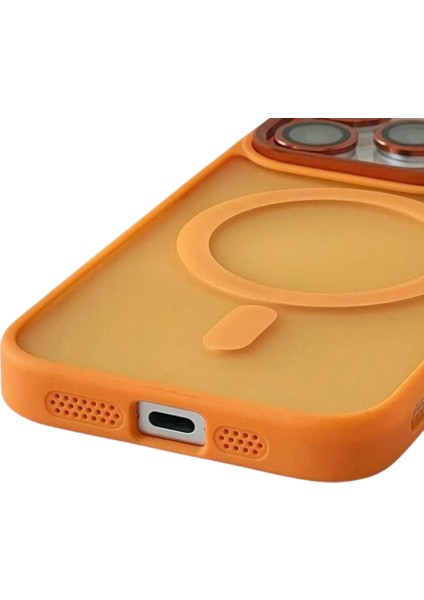 Takeandwait Apple iPhone 15 Pro Kılıf Magsafe Şarj Özellikli Standlı Protective Kapak – Lens Koruma Hediyeli-Turuncu