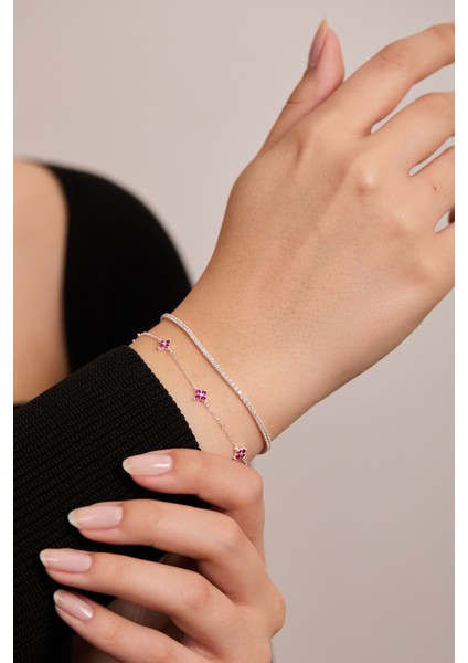 925 Ayar Gümüş Su Yolu - Pembe Zirkon Taşlı Minimal Bileklik Ikili Set