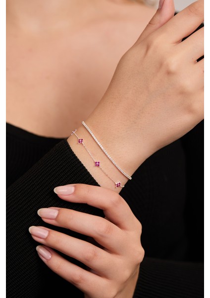 925 Ayar Gümüş Su Yolu - Pembe Zirkon Taşlı Minimal Bileklik Ikili Set fiyatları
