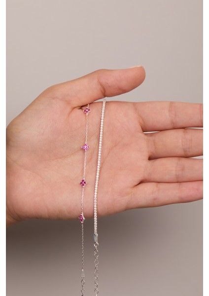 925 Ayar Gümüş Su Yolu - Pembe Zirkon Taşlı Minimal Bileklik Ikili Set modelleri