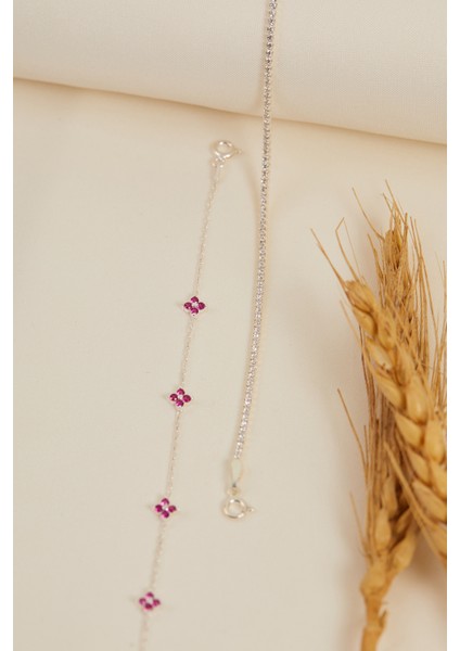 925 Ayar Gümüş Su Yolu - Pembe Zirkon Taşlı Minimal Bileklik Ikili Set fırsatları