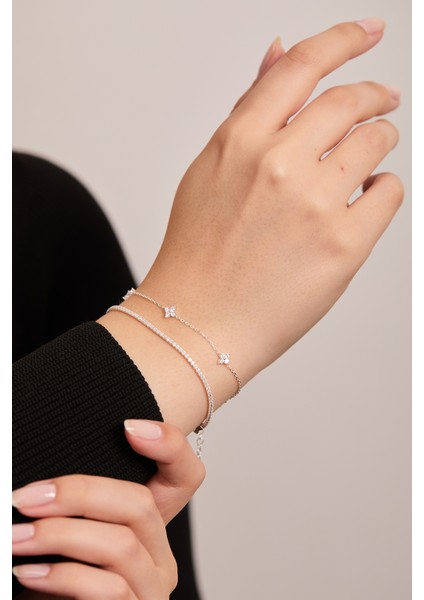 925 Ayar Gümüş Zarif Su Yolu - Zirkon Taşlı Minimal Bileklik Ikili Set