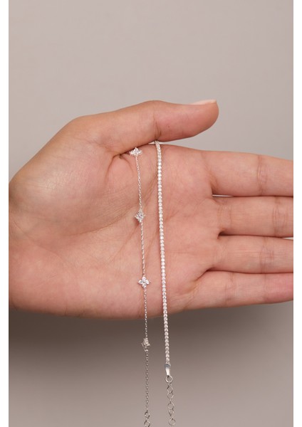 925 Ayar Gümüş Zarif Su Yolu - Zirkon Taşlı Minimal Bileklik Ikili Set modelleri