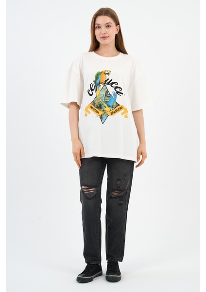 Bisiklet Yaka Baskılı Oversize T-Shirt