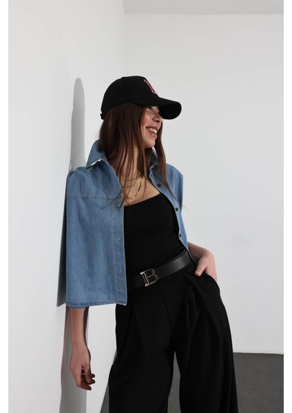 Mavi Süs Cepli Oversize Denim Gömlek 91642