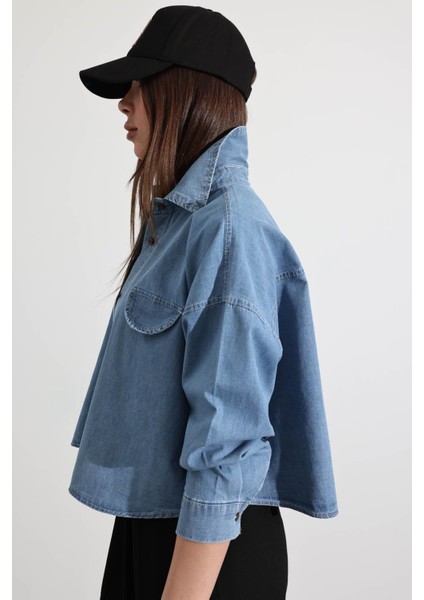 Mavi Süs Cepli Oversize Denim Gömlek 91642