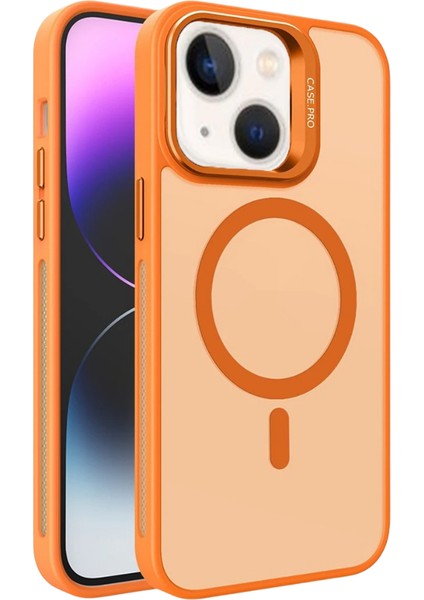 Takeandwait Apple iPhone 15 Kılıf Magsafe Şarj Özellikli Standlı Protective Kapak – Lens Koruma Hediyeli-Turuncu