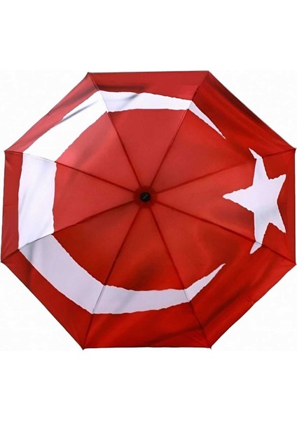 Türk Bayrağı Desenli Canlı Lüx Baskılı Rüzgara Dayanıklı 8 Telli Katlanabilir Manuel Şemsiye