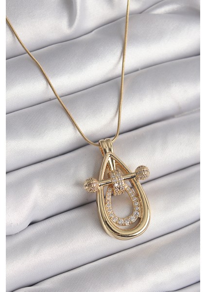 316L Çelik Gold Renk Zincir Zirkon Taşlı Damla Model Kadın Kolye - TJ-BKO9607