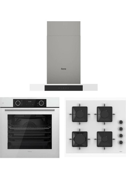 Fryart Steam Beyaz Set ( D101 T Tipi Beyaz Davlumbaz -SS206 Beyaz Ocak- XE63CB Fryart Beyaz Fırın)