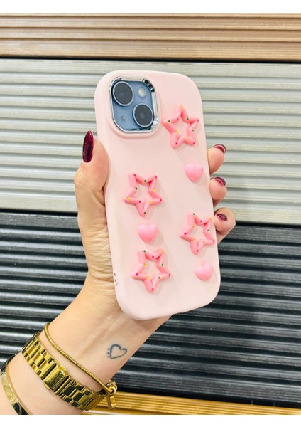 iphone 13 ve 14 Uyumlu Kaliteli Silikon 3D Yıldız Kılıf Açık Pembe