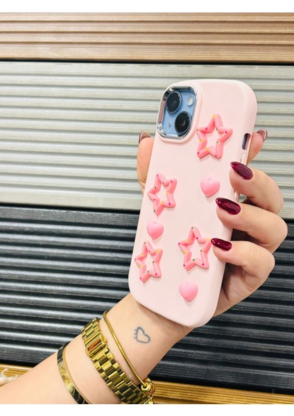 iphone 13 ve 14 Uyumlu Kaliteli Silikon 3D Yıldız Kılıf Açık Pembe