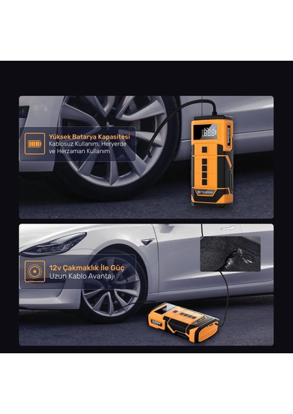 A5577 Kablolu/kablosuz 8000MAH Şarjlı Taşınabilir Araç Akü Takviyeli, Powerbank Destekli Reflektör Ledli 5in1 Oto Hava Pompası