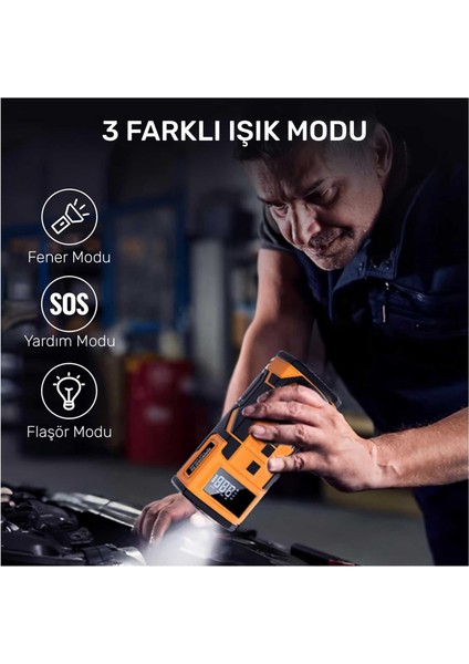 A5577 Kablolu/kablosuz 8000MAH Şarjlı Taşınabilir Araç Akü Takviyeli, Powerbank Destekli Reflektör Ledli 5in1 Oto Hava Pompası