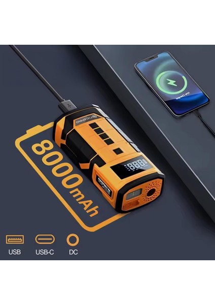 A5577 Kablolu/kablosuz 8000MAH Şarjlı Taşınabilir Araç Akü Takviyeli, Powerbank Destekli Reflektör Ledli 5in1 Oto Hava Pompası