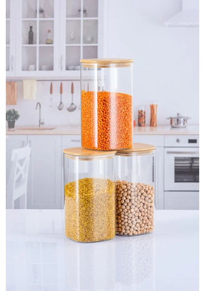 3 Adet 1500 Ml Kare Bambu Kapaklı Lüks Bakliyat Seti