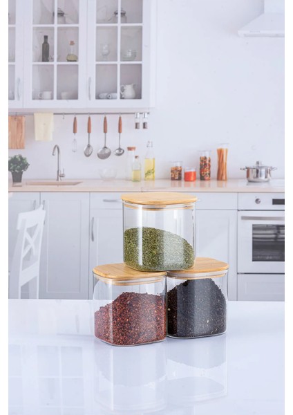 3 Adet 800 Ml Kare Bambu Kapaklı Lüks Baharat Seti