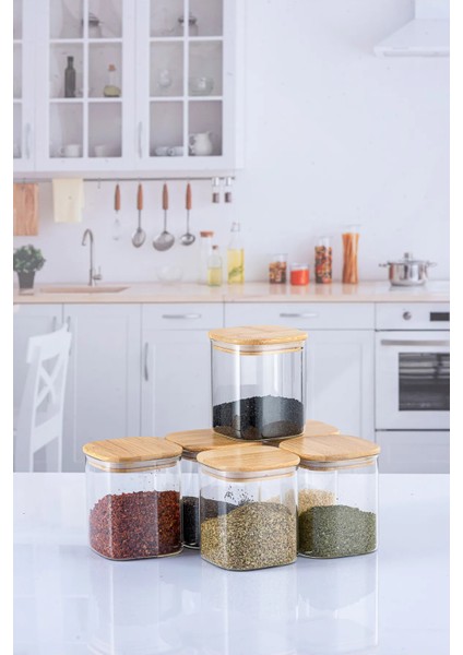 6 Adet 350 Ml Kare Bambu Kapaklı Lüks Baharat Seti