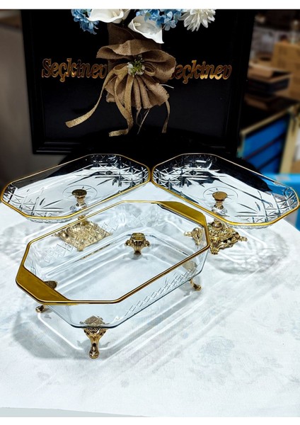 Seçkinev Zamansız 3 Parça Döküm Ayaklı Gold Detaylı Sunum Tabağı Set