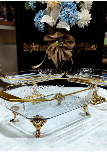 Seçkinev Zamansız 3 Parça Döküm Ayaklı Gold Detaylı Sunum Tabağı Set