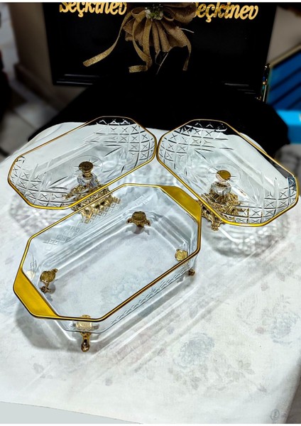 Seçkinev Zamansız 3 Parça Döküm Ayaklı Gold Detaylı Sunum Tabağı Set