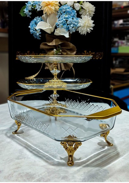 Seçkinev Zamansız 3 Parça Döküm Ayaklı Gold Detaylı Sunum Tabağı Set
