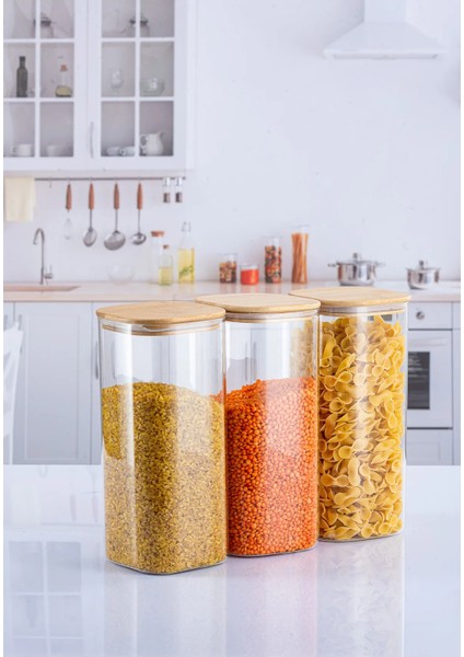 3 Adet 1800 ml Kare Bambu Kapaklı Lüks Bakliyat Seti