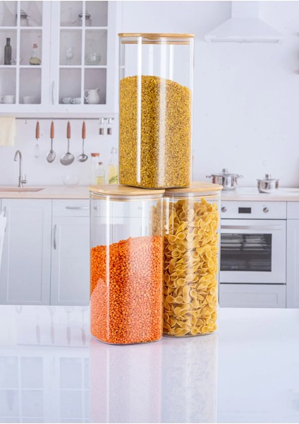 3 Adet 1800 ml Kare Bambu Kapaklı Lüks Bakliyat Seti