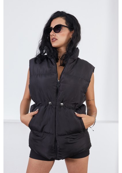 Beli Lastikli Kadın Siyah Şişme Yelek