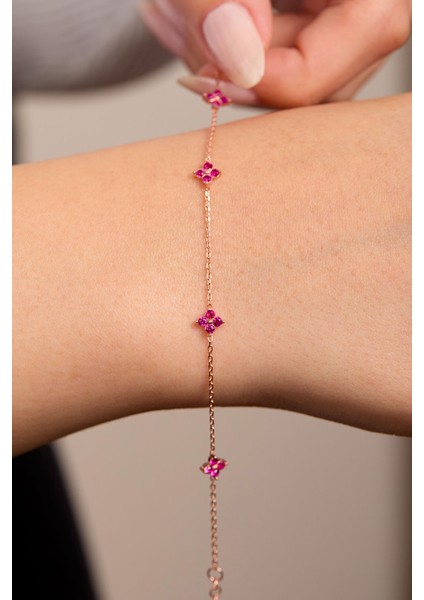925 Ayar Gümüş Pembe Taşlı Minimal Bileklik