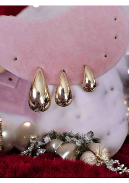 316L Gold Çelik 3'lü Botte Su Damlası Çoklu Küpe Seti