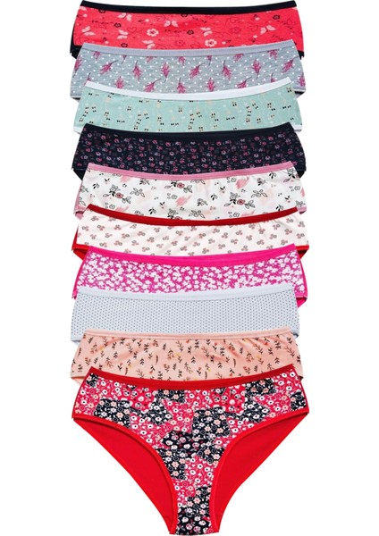 Pamuklu Geniş Kenarlı Likralı Desenli Bato Kadın Külot 10'Lu Paket