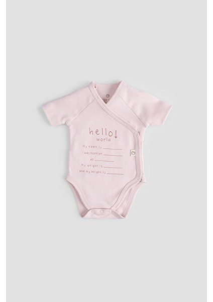 Organik Pamuk Hello World Kısa Kollu Pembe Kruvaze Zıbın
