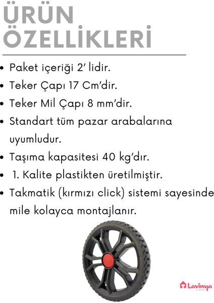 2 Adet Takmatik Pazar Arabası Tekeri (Büyük) 17 Cm.